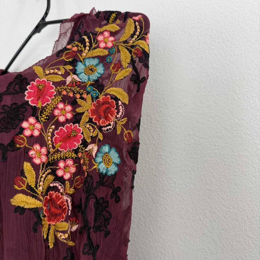 Sundance Top Womens Small Burgundy Floral Embroidered Tassel Tie Long Sleeve - Picture 9 of 13